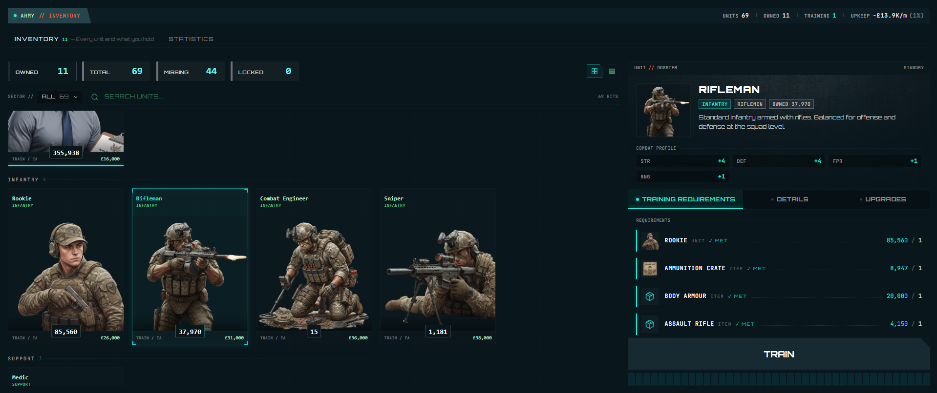 The Idle Conflict army inventory showing unit cards, a rifleman dossier and its training requirements
