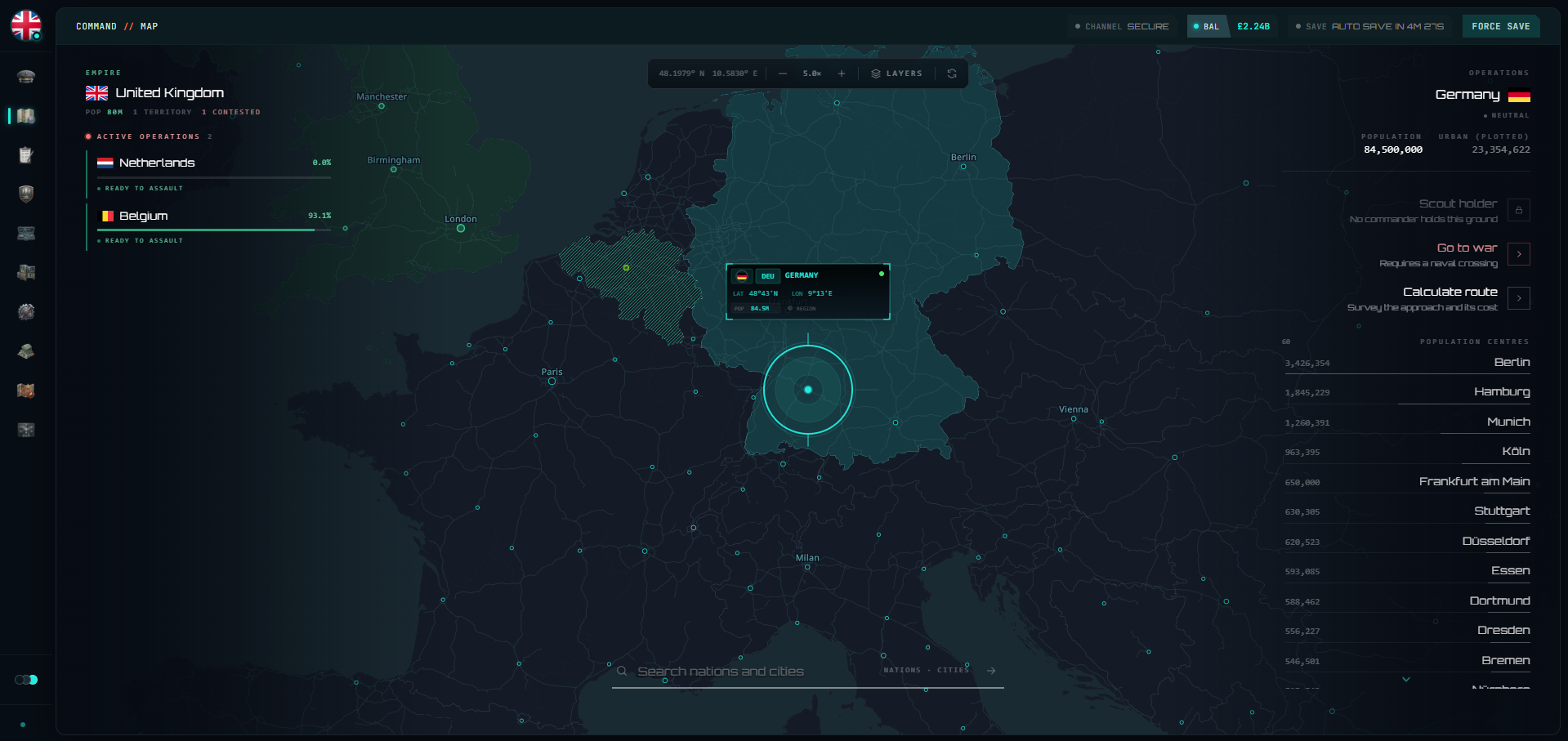 The Idle Conflict world map showing territory, active operations and a target nation dossier